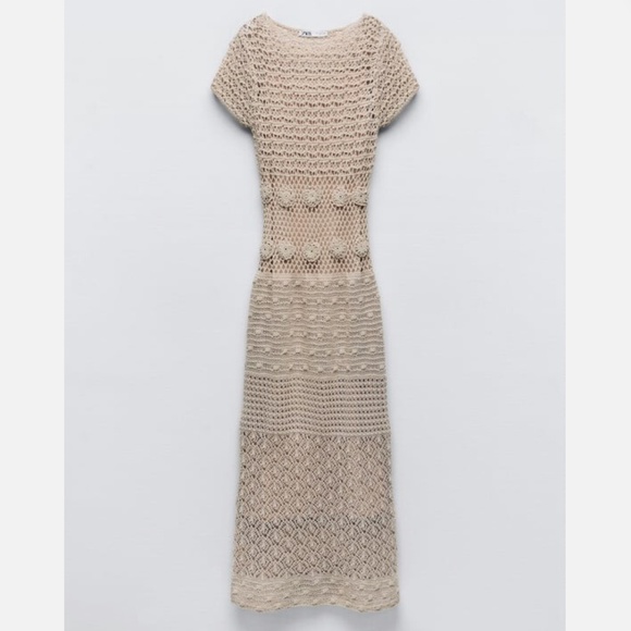 Zara cream sand boho crochet knit short sleeves long dress limited edition NWT - Picture 1 of 14